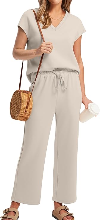 Women Two Piece Set Summer Outfits Lounge Sets V Neck Tops Wide Leg Pants Women Holiday Travel Outfits