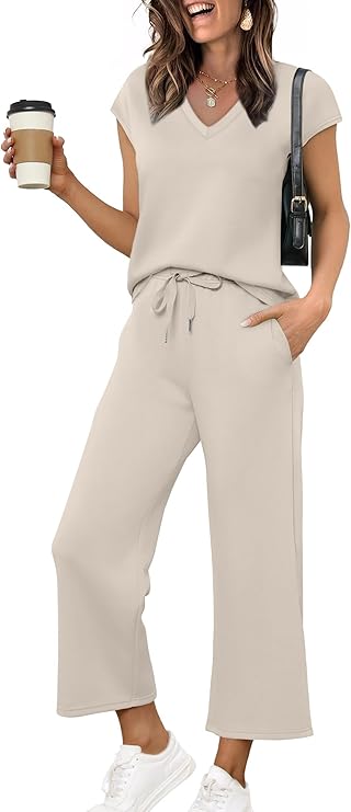 Women Two Piece Set Summer Outfits Lounge Sets V Neck Tops Wide Leg Pants Women Holiday Travel Outfits